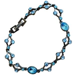 Givenchy gunmetal link Bracelet Aqua Blue crystal jeweled rare Designer logo 7"